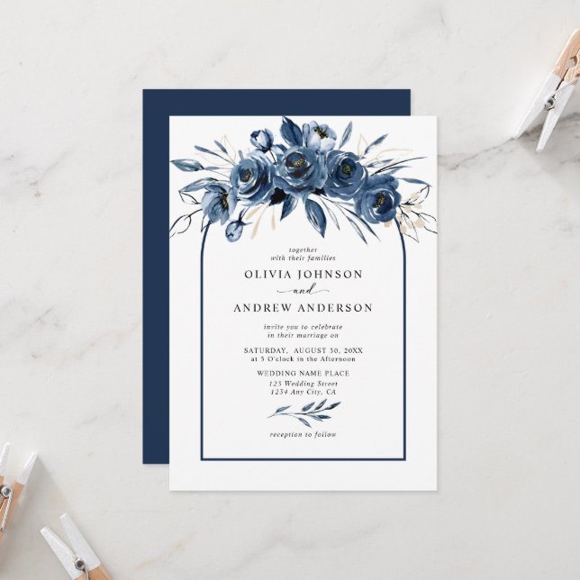 Invitación Simple Elegant Navy Blue Boho Floral Arch Wedding (Anverso/Reverso In Situ)