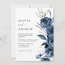 Invitación Simple Elegant Navy Blue Boho Floral Wedding