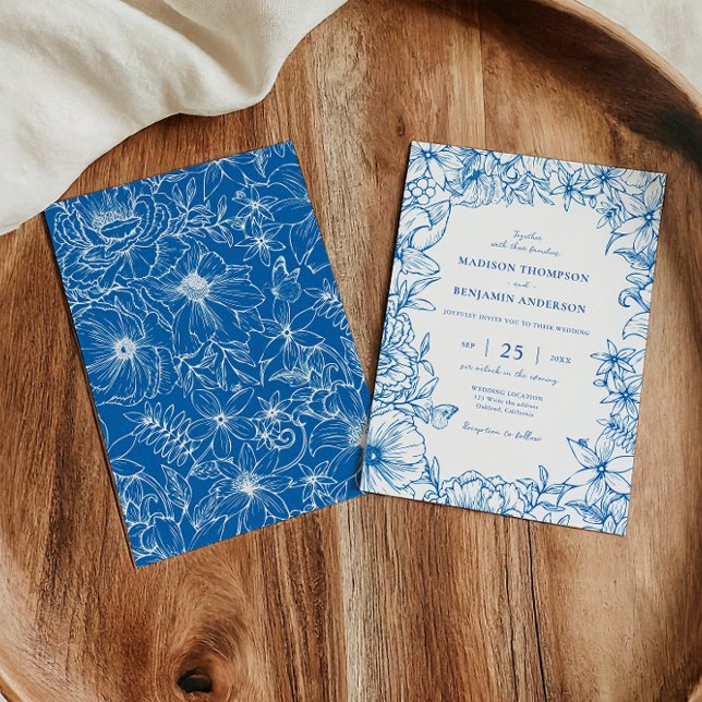 Invitación Simple Elegant Royal Blue Floral Garden Wedding (Subido por el creador)