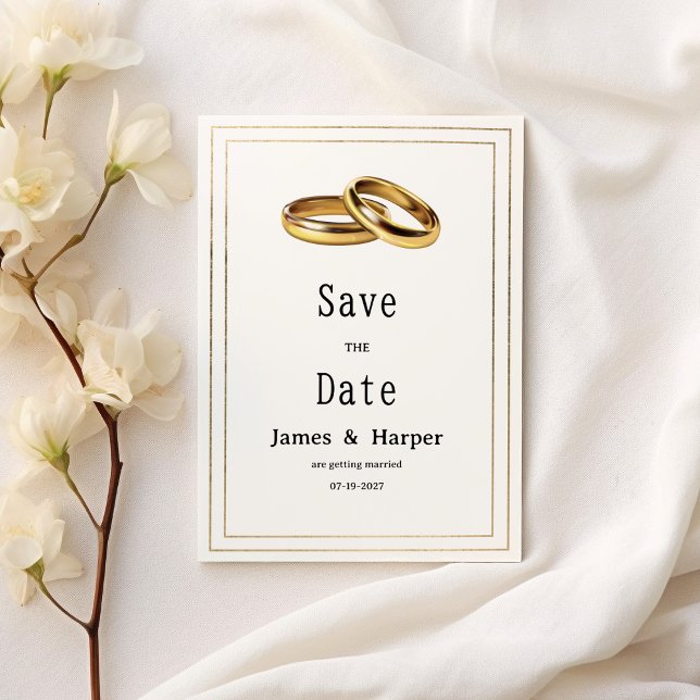 Invitación Simple elegant white and gold rings Save the Date (Simple elegant white and gold rings Save the Date )