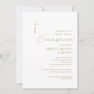 Invitación Simple Elegante Cruz de Oro Primera Comunión