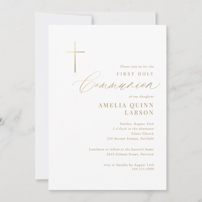 Invitación Simple Elegante Cruz de Oro Primera Comunión (Anverso)