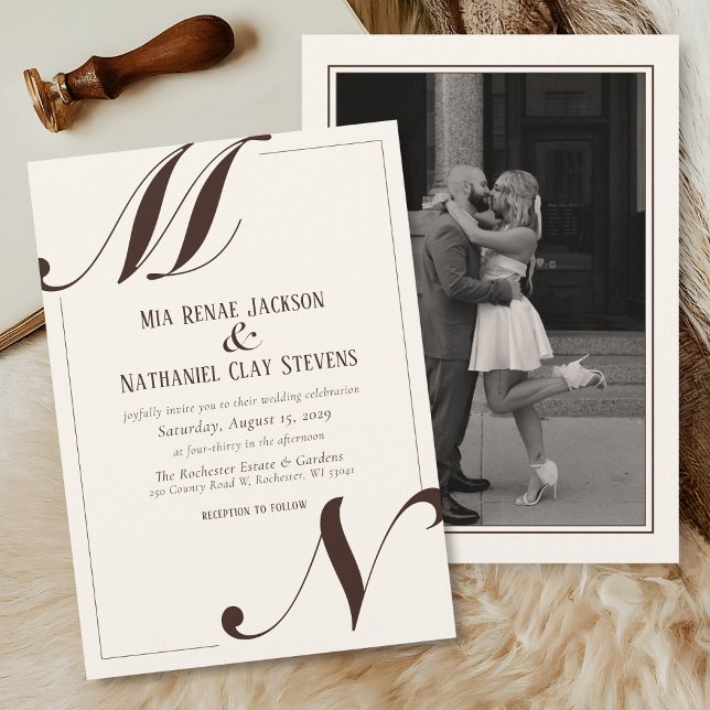 Invitación Simple Elegante Script Marrón y Marfil Foto Boda (Elegant modern simple ivory and mocha brown script typography initials classic photo wedding invite )