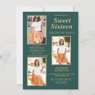 Invitación Simple Elegante Verde Dorado Foto Dulces Dieciséis
