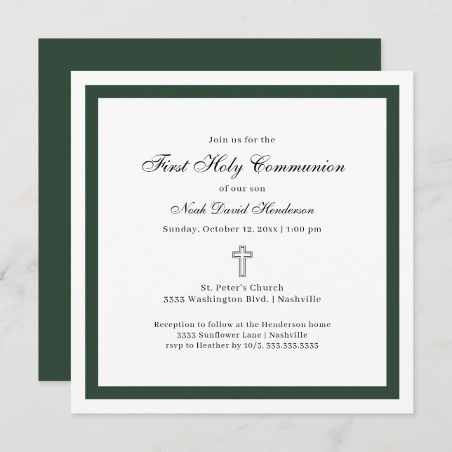 Invitación Simple Emerald Green White First Holy Communion  (Anverso / Reverso)