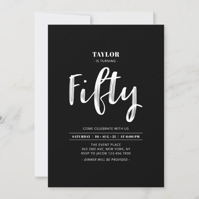 Invitación simple en blanco y negro para cumpleaño (Anverso)