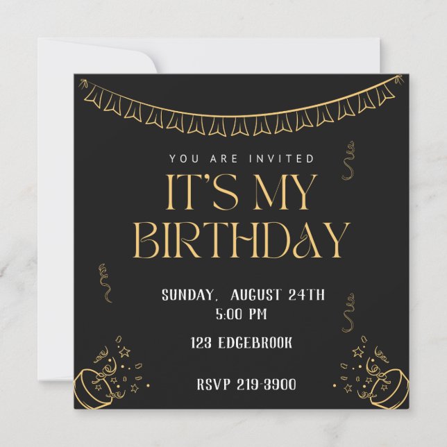 Invitación Simple es mi cumpleaños | Oro en cumpleaños negro (Anverso)