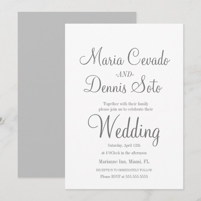 Invitación Simple escritura de letras grises para boda (Anverso / Reverso)