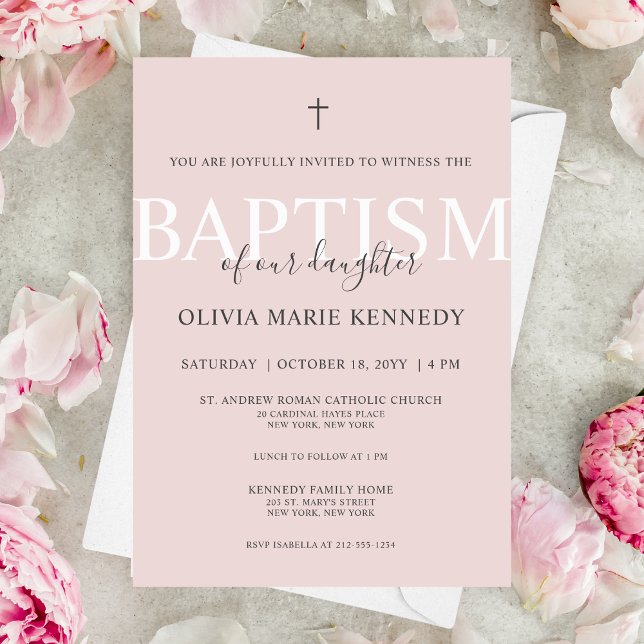 Invitación Simple escritura moderna y turbia bautismo Rosa pa (Moder and elegant, dusty rose baptism invitation)