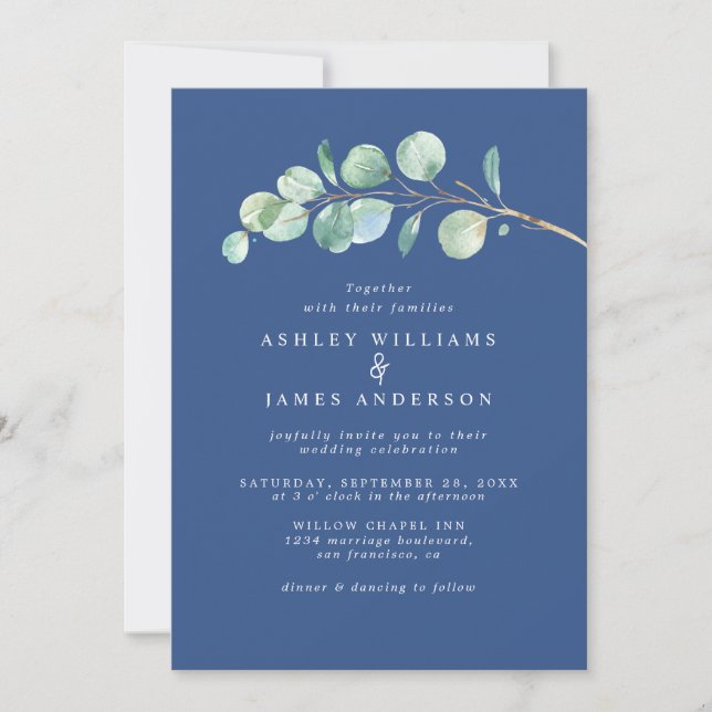 Invitación Simple Eucalyptus Foliage Classic Blue Boda (Anverso)
