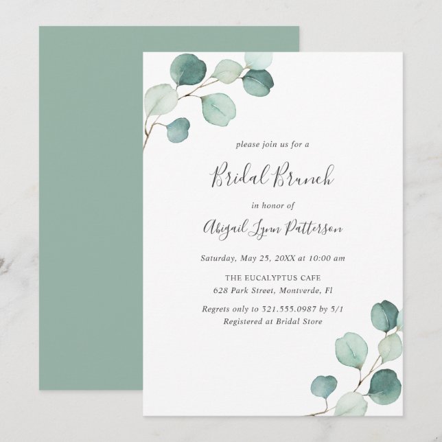 Invitación Simple Eucalyptus Greenery Elegante Brunch Bridal (Anverso / Reverso)