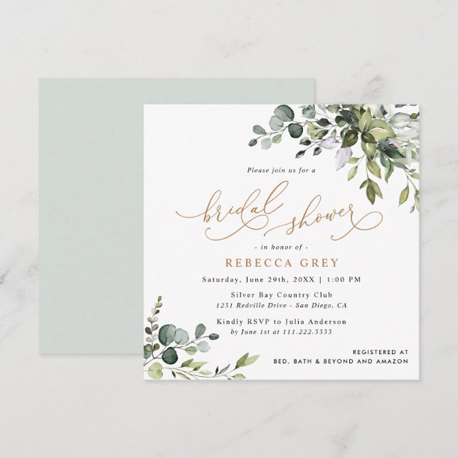 Invitación Simple Eucalyptus Greenery Gold Bridal Shower (Anverso / Reverso)