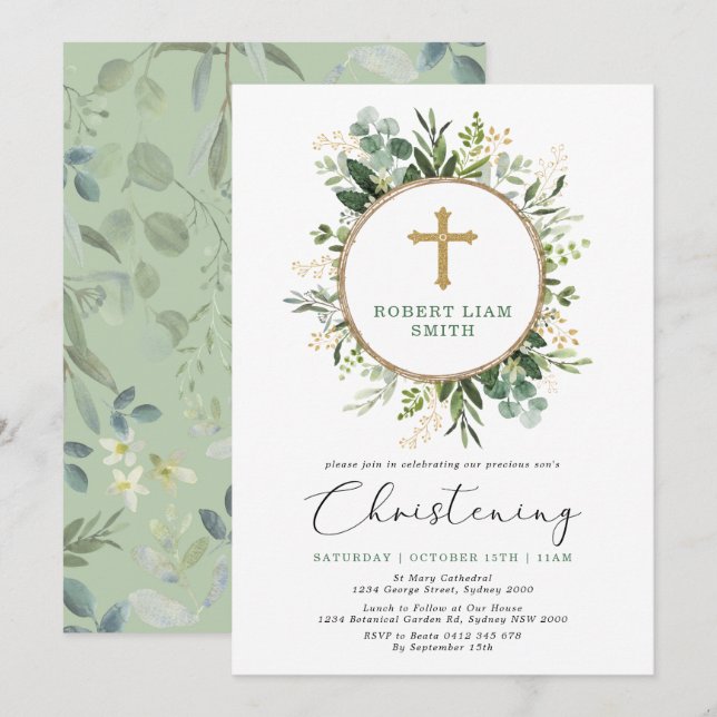 Invitación Simple Eucalyptus Greenery Gold Cross Christening (Anverso / Reverso)