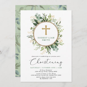 Invitación Simple Eucalyptus Greenery Gold Cross Christening