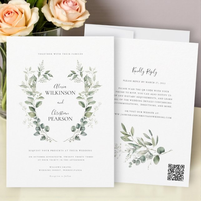 Invitación Simple Eucalyptus Greenery Wedding QR Code RSVP (Subido por el creador)
