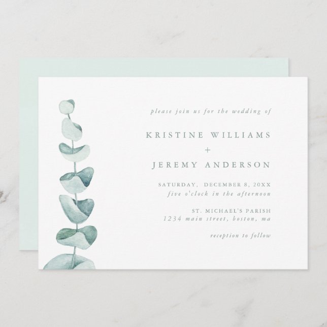Invitación Simple Eucalyptus Watercolor Greenery Boda (Anverso / Reverso)
