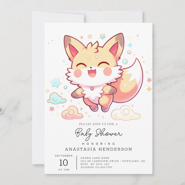 Invitación Simple Fantasy Fox Baby Shower (Anverso)