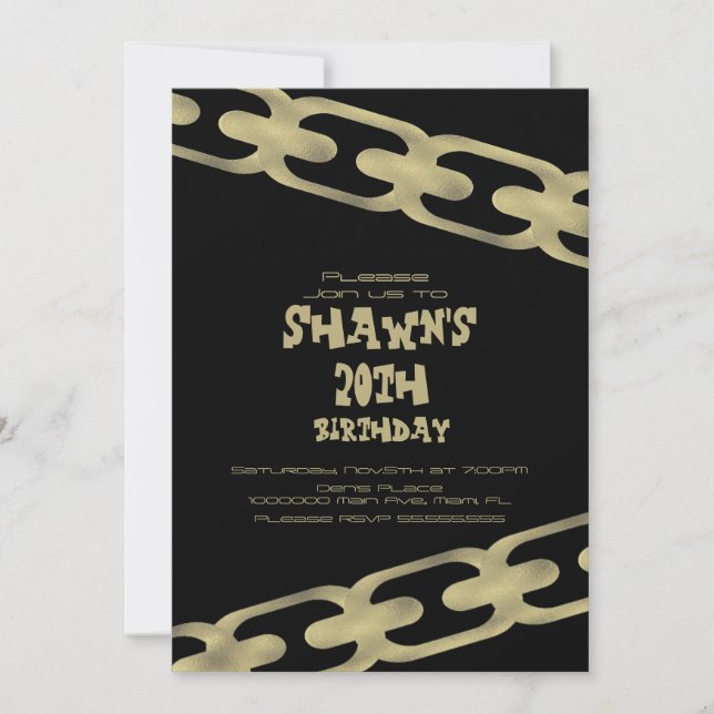 Invitación Simple Faux Gold Chain Adulto Birthday Party Black (Anverso)