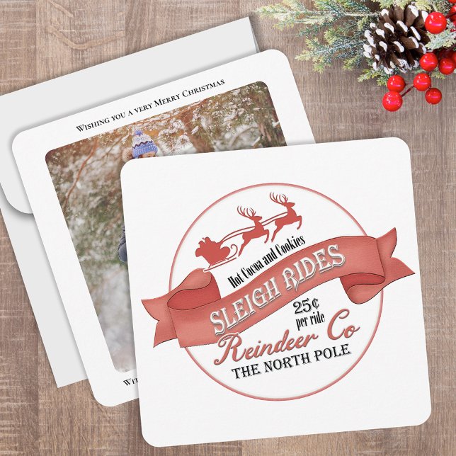 Invitación Simple Feliz Navidad Una Foto (This cute Christmas photo card with a vintage North Pole Sleight Rides Sign)