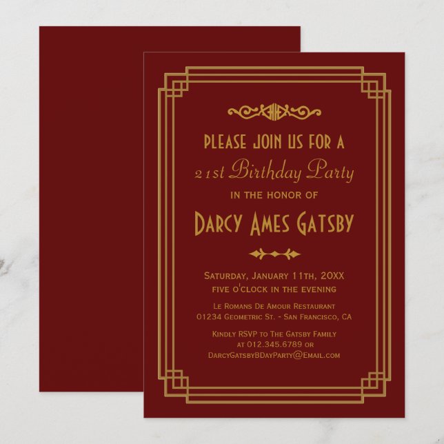 Invitación Simple fiesta de cumpleaños estilo Art déco en Bor (Anverso / Reverso)