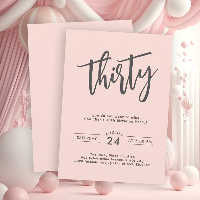 Invitación Simple Fiesta de cumpleaños Rubor Pink 30 (Get your party started with this stylish and simple blush pink birthday party invite.)