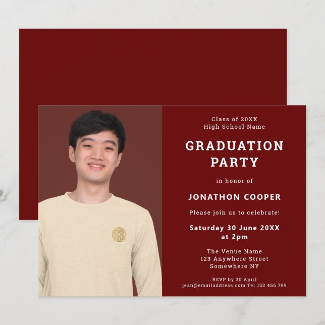 Invitación Simple fiesta de graduación de fotos en Borgoña (Anverso / Reverso)