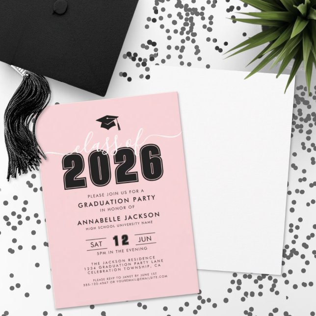 Invitación Simple fiesta de graduación rosada moderna (Simple Modern Pink Graduation Party Invitation)