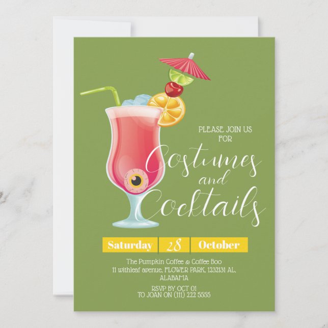 Invitación Simple fiesta de Halloween de traje oscuro y cócte (Anverso)