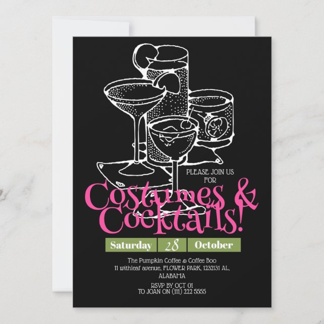 Invitación Simple fiesta de Halloween de traje oscuro y cócte (Anverso)