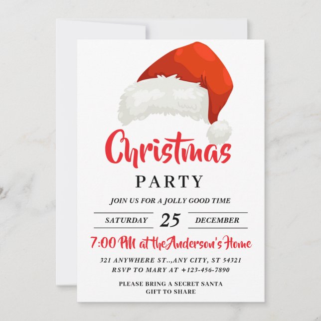 Invitación Simple Fiesta de Navidades de Santa Hat festivo (Anverso)