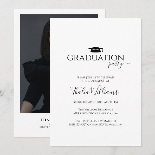 Invitación Simple fiesta Minimalista de graduación de fotos (Anverso / Reverso)