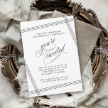 Invitación Simple fiesta moderna de cumpleaños blanco y negro<br><div class="desc">Sencillo y elegante, con un toque contemporáneo, esta moderna invitación a la fiesta de cumpleaños número 50 presenta líneas de canto gris y enmarcando el texto sobre un fondo blanco limpio. El texto de "estás invitado" con un bonito guión florece intencionalmente para que tus invitados se sientan especiales. Edite los...</div>