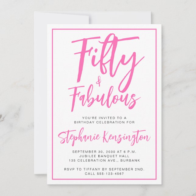 Invitación Simple Fifty and Fabulous Pink 50th Birthday Party (Anverso)