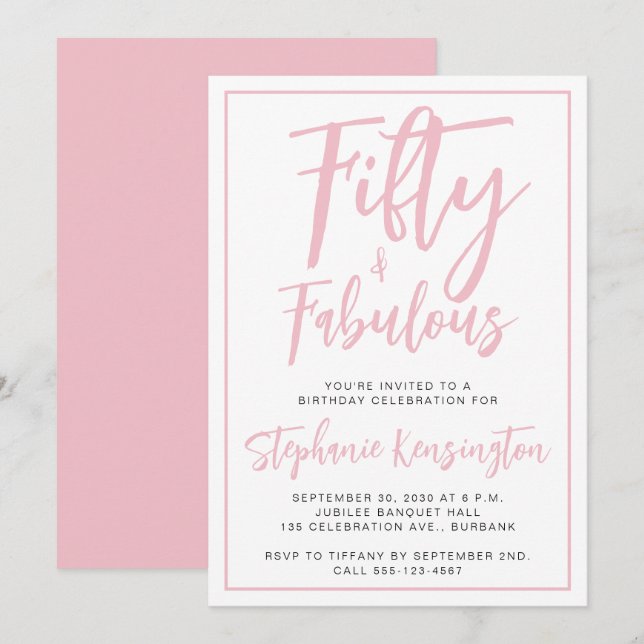 Invitación Simple Fifty and Fabulous Pink 50th Birthday Party (Anverso / Reverso)