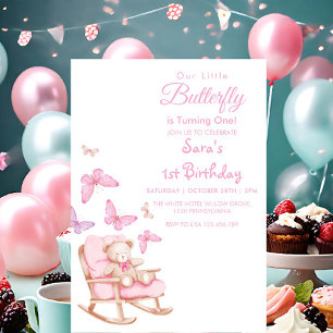 Invitación SImple First Birthday teddy & Butterfly