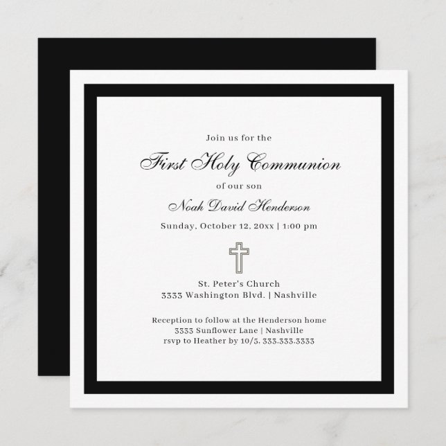 Invitación Simple First Holy Communion Black White Invitation (Anverso / Reverso)