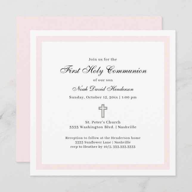 Invitación Simple First Holy Communion Pink White (Anverso / Reverso)