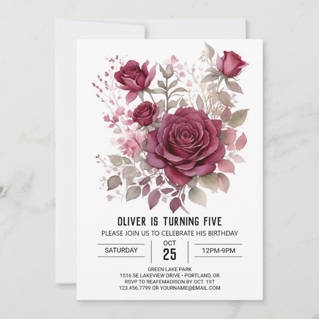 Invitación Simple flor silvestre Burgundy Floral Cumpleaños (Anverso)