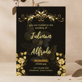 Invitación Simple floral de oro negro moderno y elegante matr