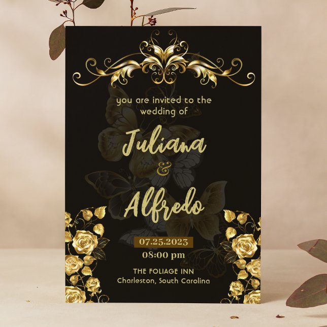 Invitación Simple floral de oro negro moderno y elegante matr (Subido por el creador)