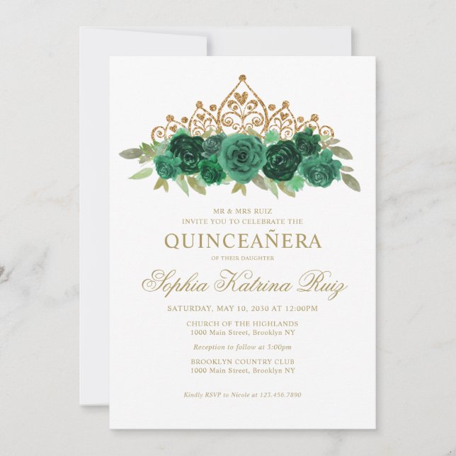 Invitación Simple floral Emerald Green Gold Crown Quinceañera (Anverso)
