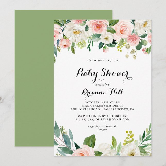Invitación Simple Floral Green Calligraphy Baby Shower (Anverso / Reverso)
