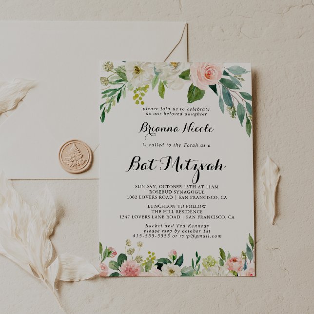 Invitación Simple Floral Green Calligraphy Bat Mitzvah (Subido por el creador)