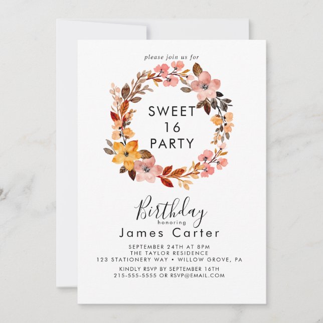 Invitación simple floral para cumpleaños Sweet 16 (Anverso)