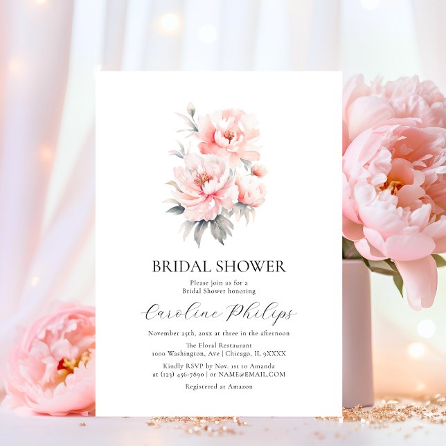 Invitación Simple Floral Peonies Rubor BRIDAL Pink SHOWER (Simple Floral Peonies Blush Pink BRIDAL SHOWER Invitation)