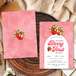 Invitación Simple Floral Red Strawberry Berry Primer cumpleañ