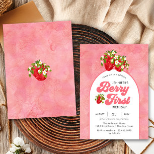 Invitación Simple Floral Red Strawberry Berry Primer cumpleañ