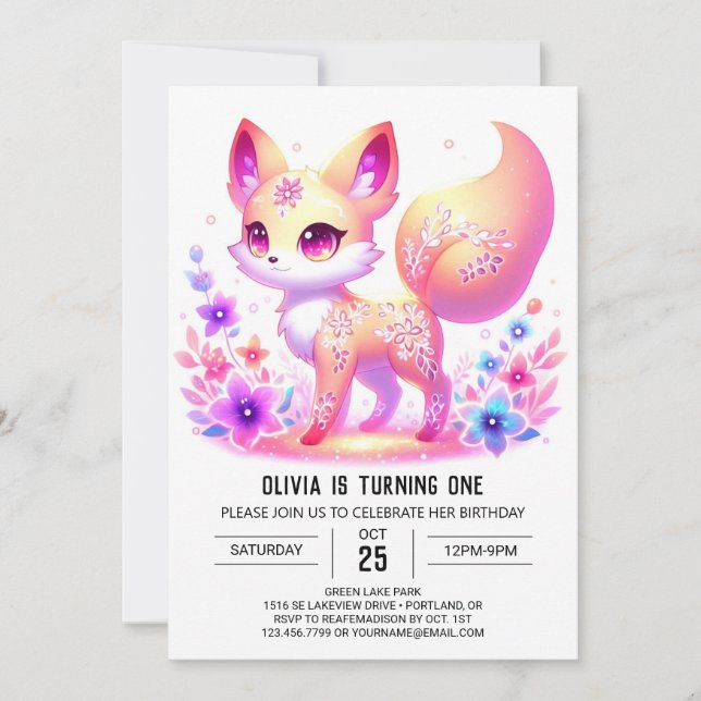 Invitación Simple Forest Fox Pastel Primer Cumpleaños (Anverso)