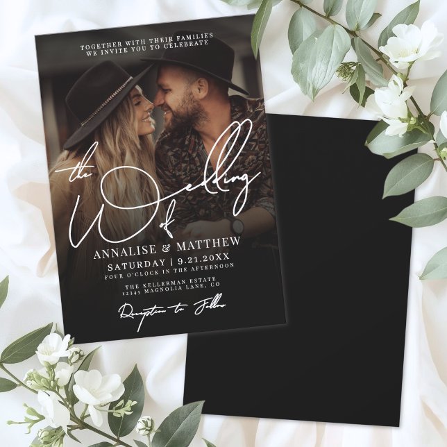 Invitación Simple Foto de Boda con Superposición en Blanco y  (Simple Black And White Overlay Photo Wedding Invit Invitation)