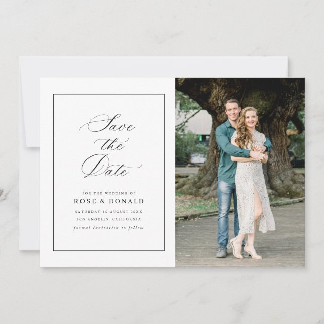 Invitación Simple frame elegant script save the date (Anverso)